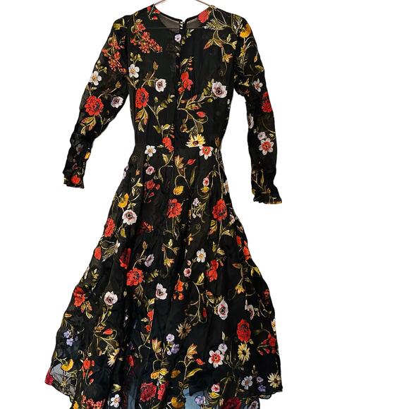 OSCAR DE LA RENTA Black Floral Hand Embroidered Tulle Beaded Midi Dress Size 6 - Picture 7 of 13